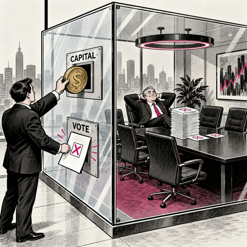 Democrawonk — An investor feeds capital into a glass boardroom while a ballot is blocked, and an insider relaxes beside a stack of votes.