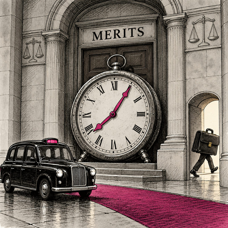 An enormous clock blocks a courthouse door marked MERITS while a black cab waits and a walking briefcase leaves by a side exit.