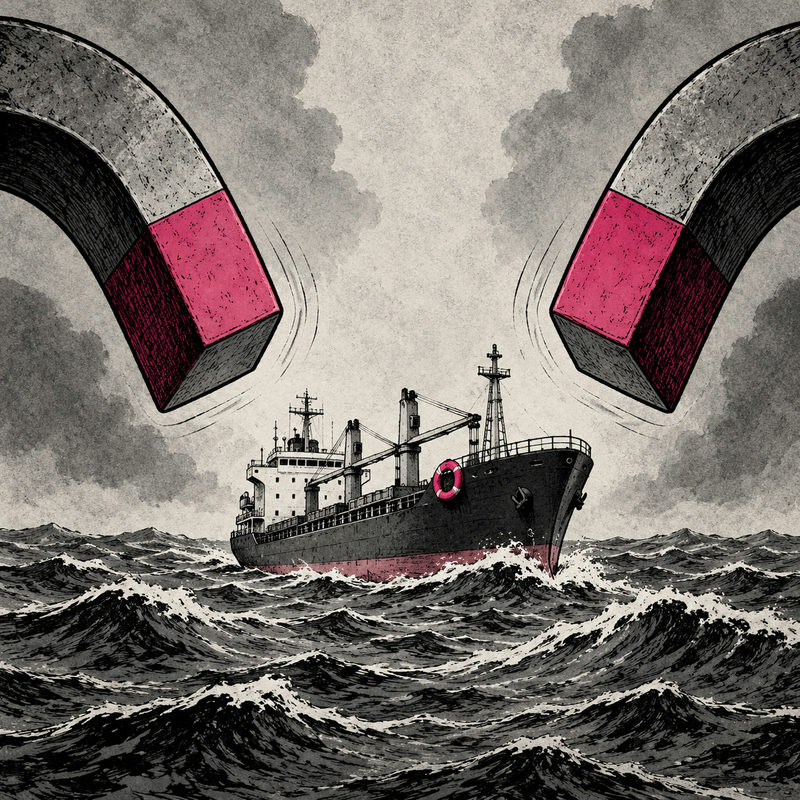 Democrawonk — A cargo ship with a pink life ring sails between two enormous opposing magnets.