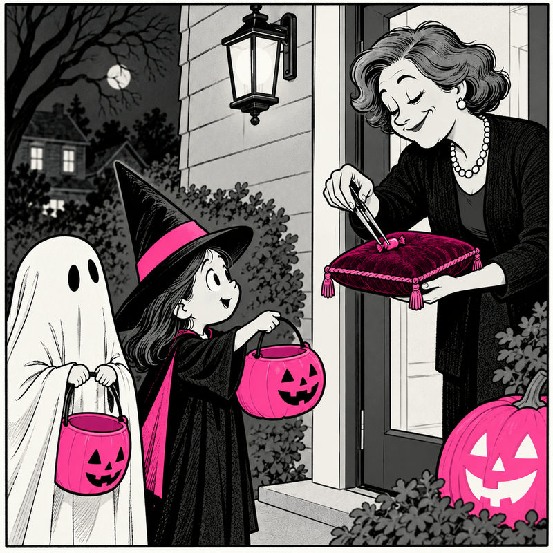 Democrawonk — A homeowner serves one tiny Halloween candy with jeweler’s tweezers while costumed children wait.