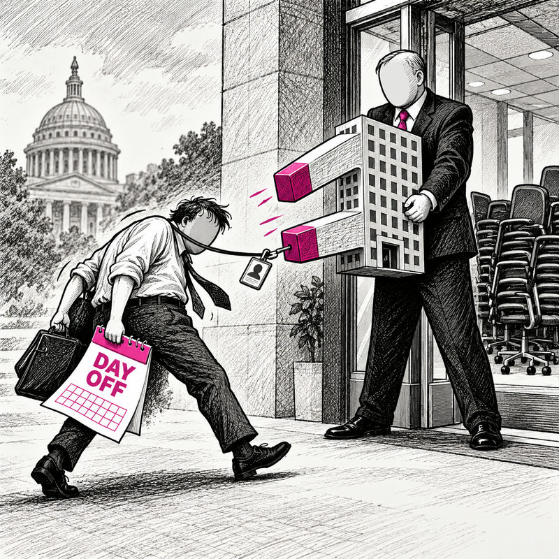 Democrawonk — A faceless official holds an office-building magnet that pulls an employee’s badge toward the entrance while the employee carries a DAY OFF calendar.