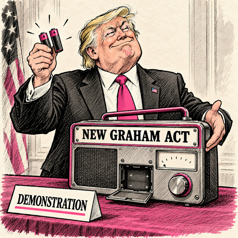 Trump presents an inactive device labelled New Graham Act, holding two removed batteries beside its open compartment and a Demonstration placard.