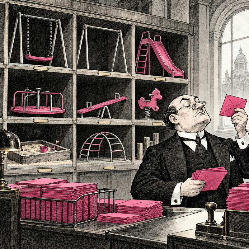 An official sorts pink envelopes in front of a cabinet containing miniature playground equipment, including one swing frame with no seat.
