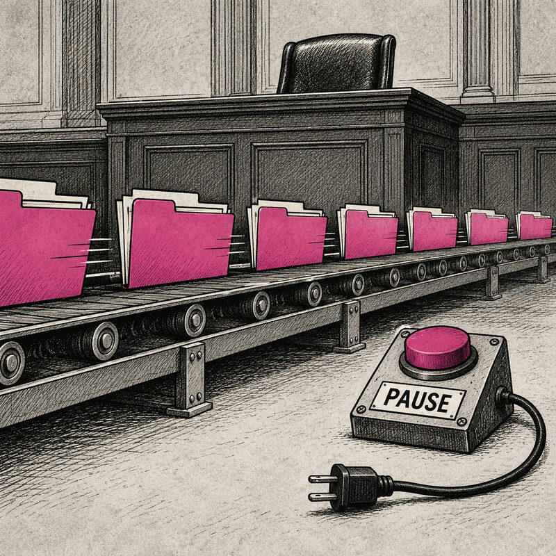 Democrawonk — Case folders pass an empty judge's bench beside an unplugged Pause button.