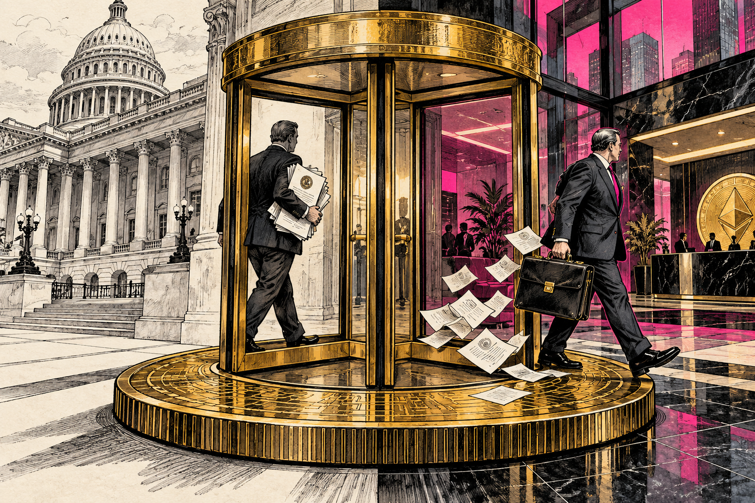 A revolving door between the White House and a crypto company spins on a giant stablecoin while compliance papers scatter.