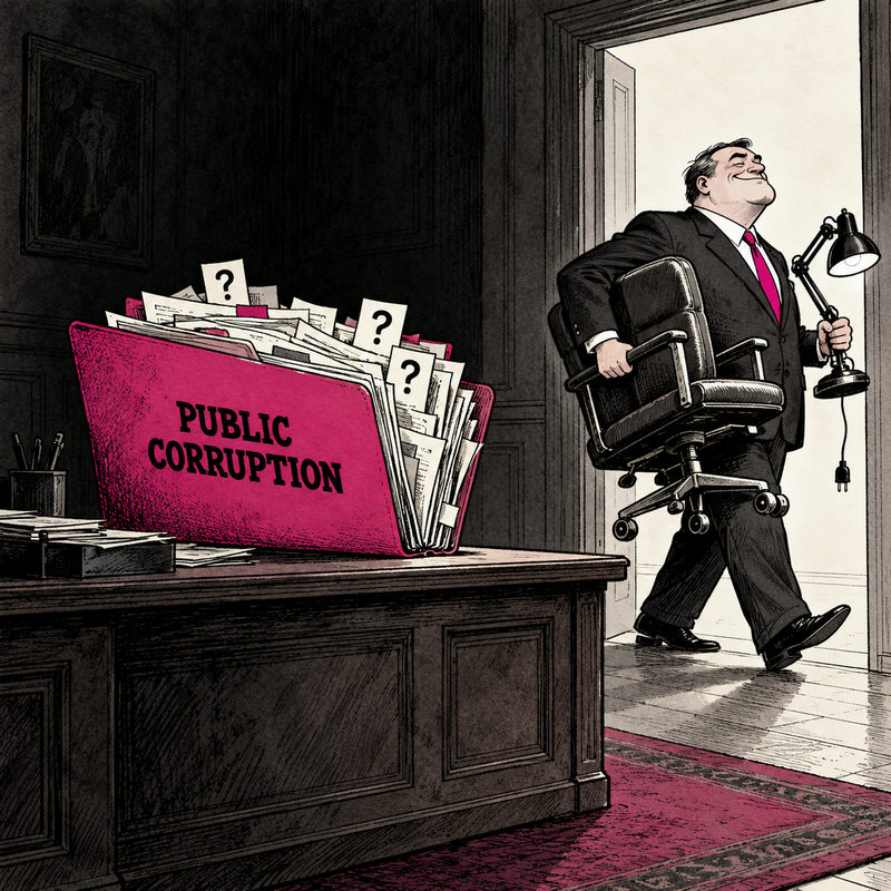A generic official carries away an investigator’s chair and lamp, leaving a PUBLIC CORRUPTION file filled with question marks on a dark desk.