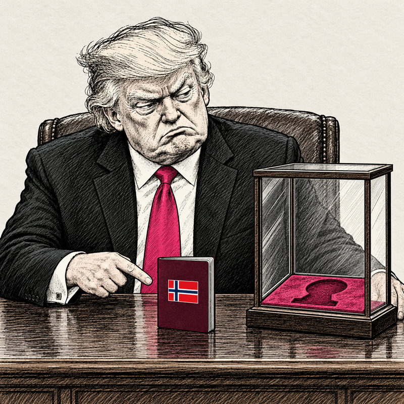 Democrawonk — Trump points at a Norwegian passport beside a glass trophy case whose pink trophy-shaped recess is empty.