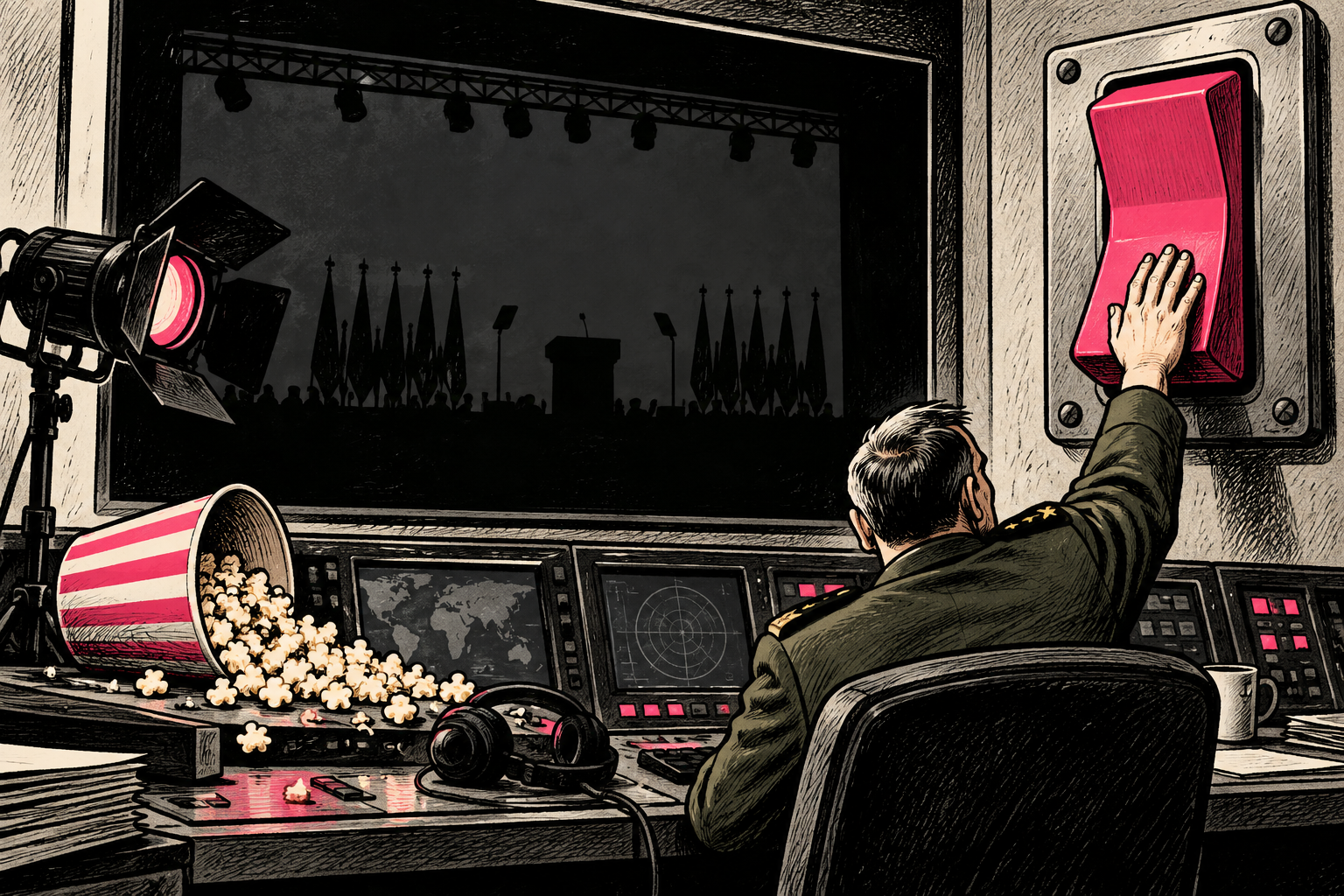 A Pentagon control room operator reaches for a giant off switch beside a darkened livestream screen and discarded popcorn bucket.