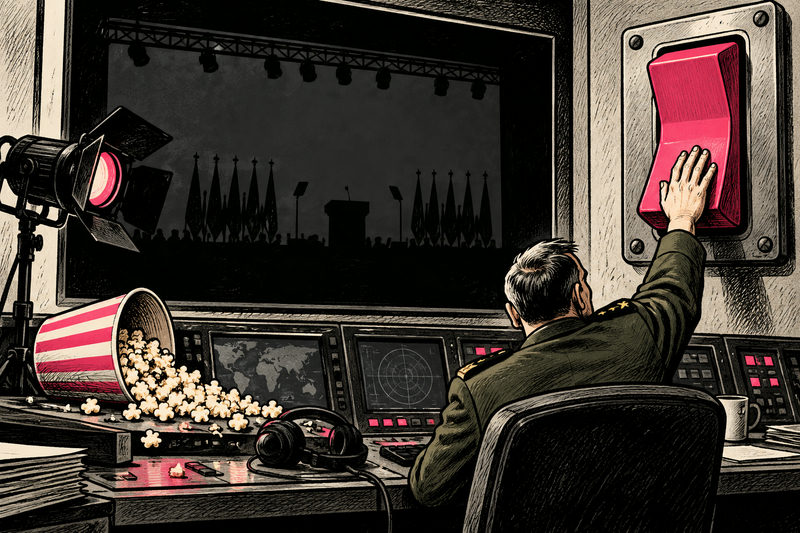A Pentagon control room operator reaches for a giant off switch beside a darkened livestream screen and discarded popcorn bucket.