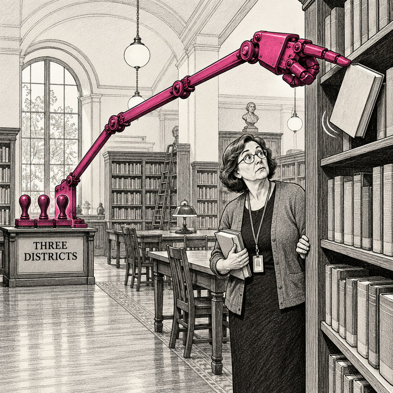 Three district stamps control a long pink mechanical arm that pushes a book from a library shelf as a librarian watches.