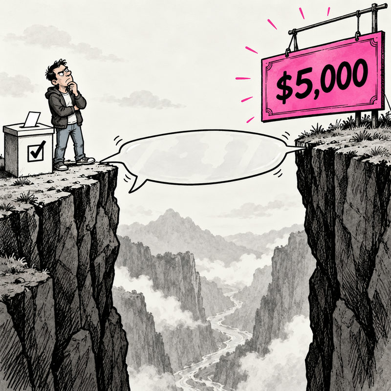 A skeptical voter beside a ballot box looks across a chasm bridged only by an empty speech bubble toward $5,000.