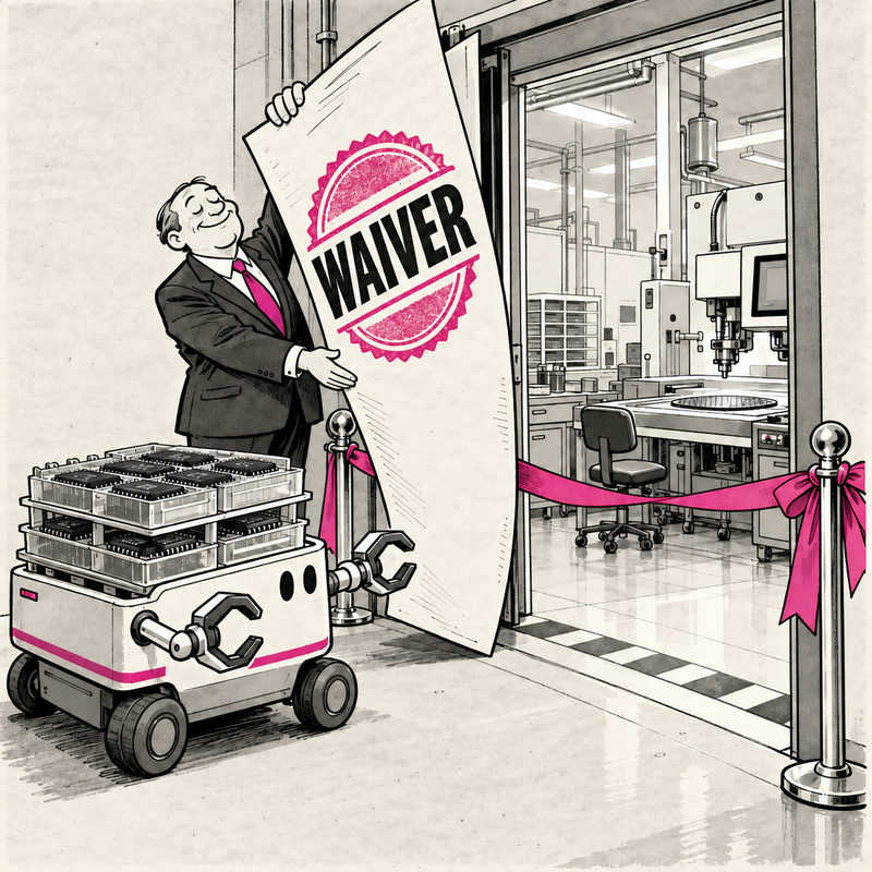 Democrawonk — An official lifts an oversized waiver beside a chip-carrying robot at a factory entrance.