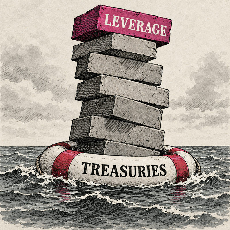 A TREASURIES lifebuoy carries a precarious stack of blocks topped by a pink block labeled LEVERAGE.