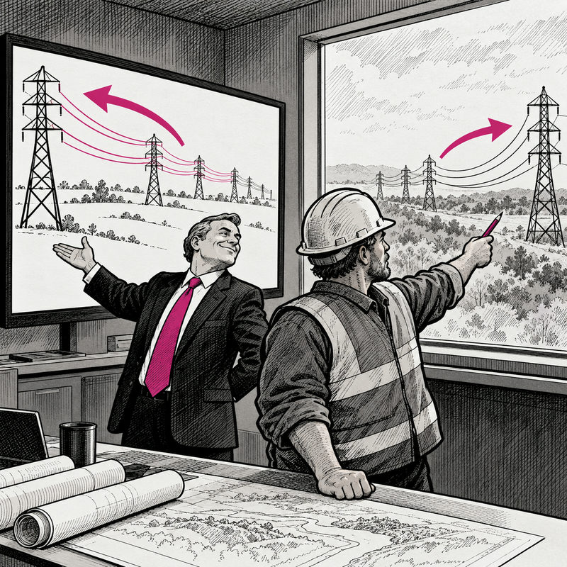 Democrawonk — A suited executive presents a grid diagram pointing left while a hard-hatted worker points a pencil toward real power lines and an arrow pointing right outside the window.