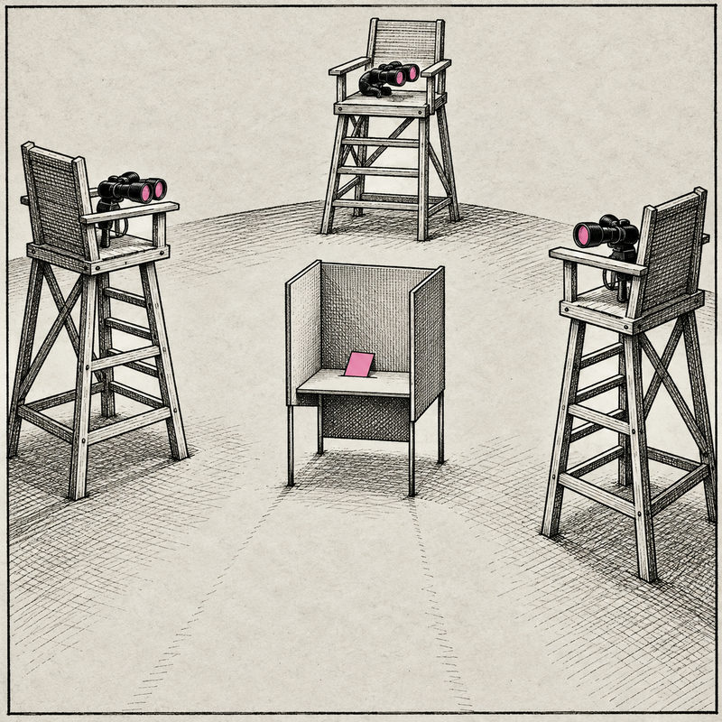 Democrawonk — Three empty lifeguard chairs with binoculars surround a small voting booth, leaving an open route to its pink ballot.