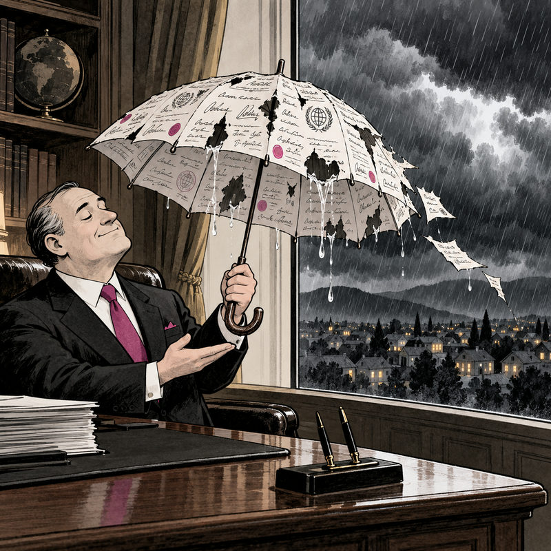 A complacent official in a dry office admires a torn paper umbrella beside a window showing rain over houses.
