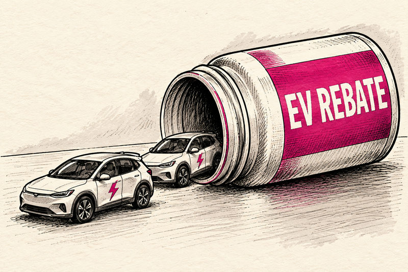 Parody bottle labeled EV Rebate with two small electric cars rolling from its opening.