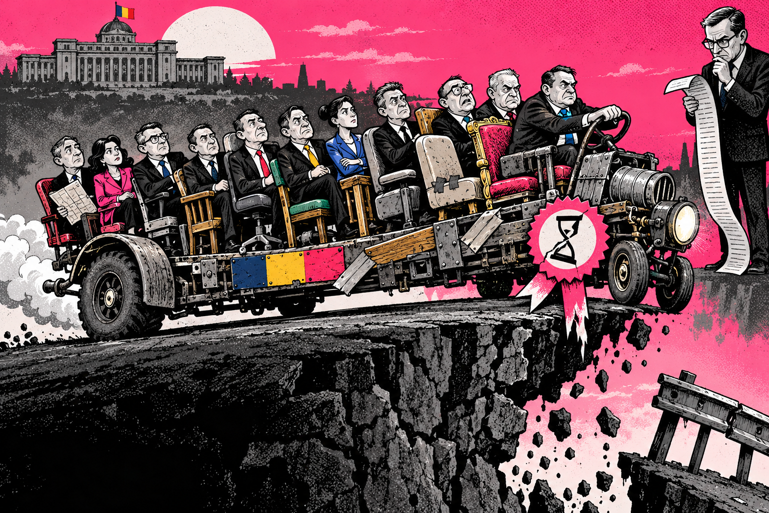 A fragile coalition vehicle with mismatched minister seats approaches a broken bridge while an analyst holds a receipt.