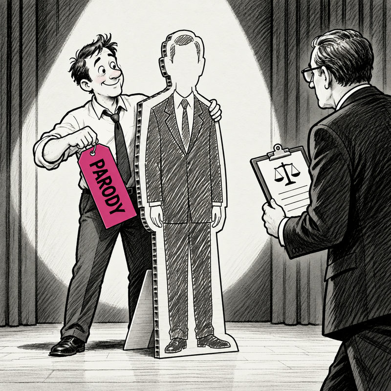 Democrawonk — A campaign worker holds a cardboard politician and an unattached pink PARODY tag as a legal observer approaches with a scales-of-justice clipboard.