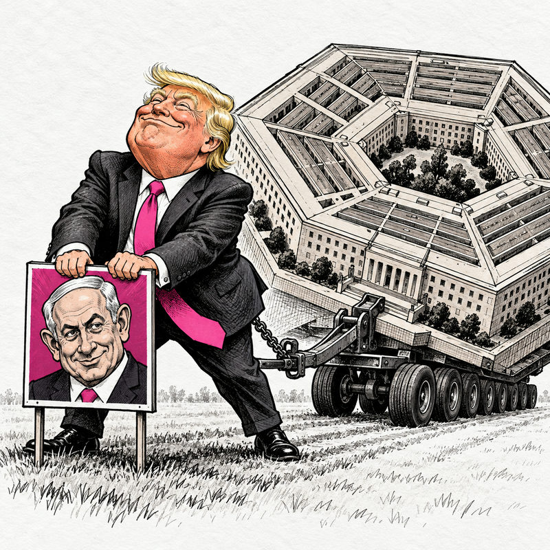 Editorial cartoon of Trump planting a Netanyahu campaign sign attached to an enormous Pentagon building on wheels.