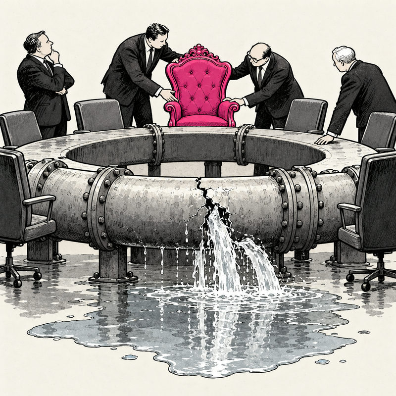 Four suited creditors concentrate on a pink ornate chair while the pipe-shaped boardroom table leaks into a large puddle.