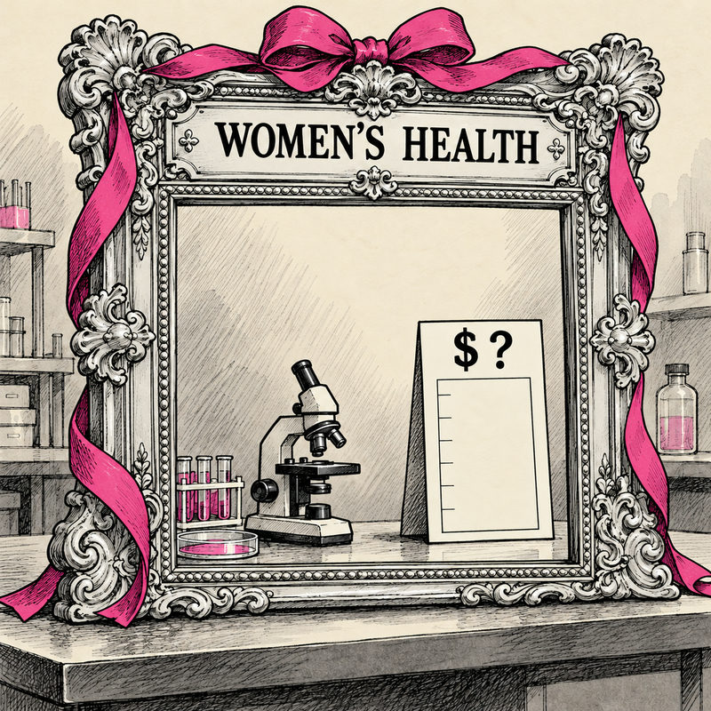 An ornate gray frame labeled Women’s Health surrounds a microscope and a funding card with a dollar sign and question mark.