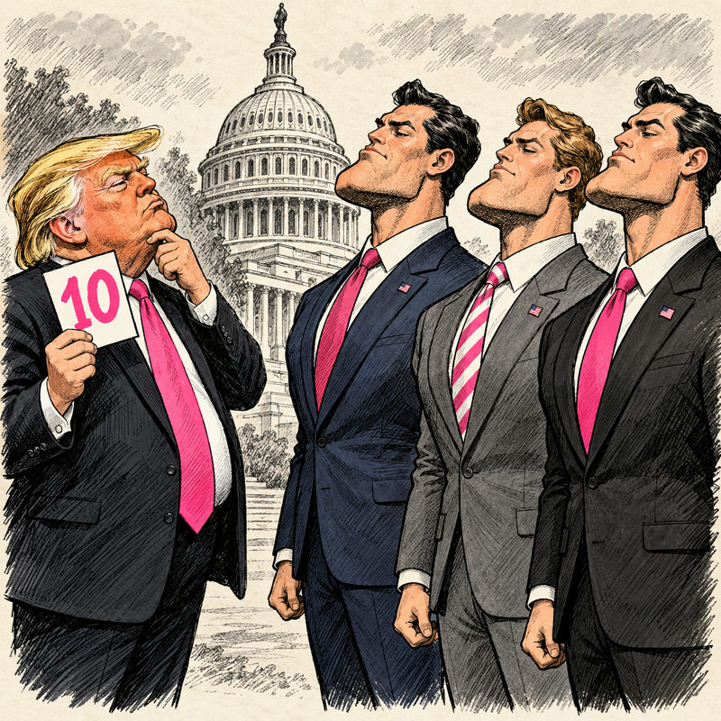 Editorial cartoon of Donald Trump holding a pink scorecard while inspecting three generic candidates’ exaggerated jawlines in front of the Capitol.