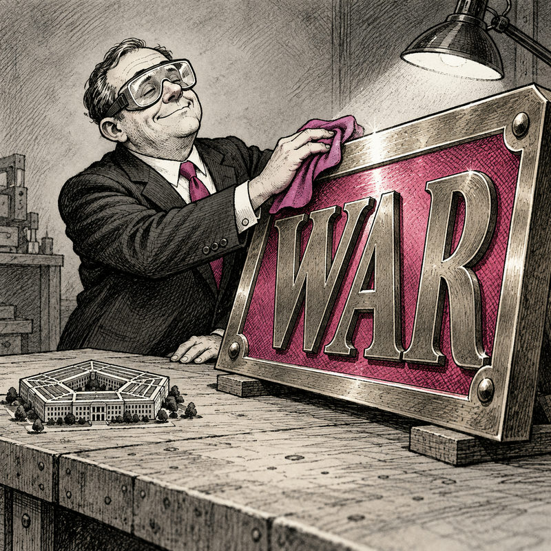 Democrawonk — A bureaucrat polishes an oversized WAR nameplate beside a tiny Pentagon model.