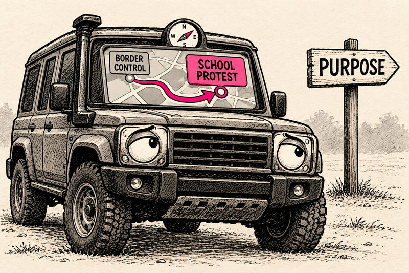 A parked cartoon 4x4 has an impossible satnav routing BORDER CONTROL to SCHOOL PROTEST, a metaphor for the use of a border-funded vehicle at a student protest.