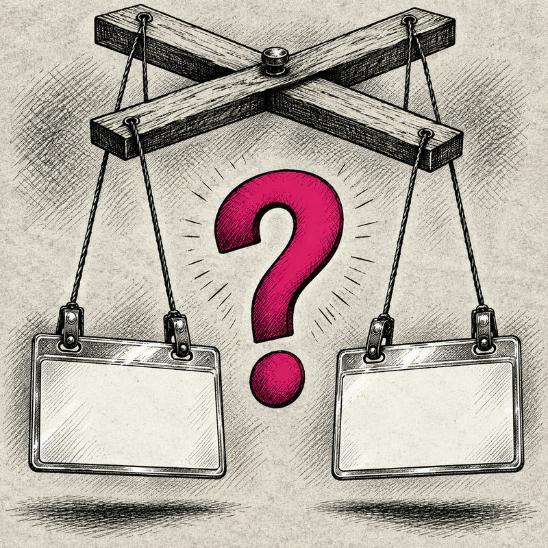 Democrawonk — Two blank name badges hang from one wooden marionette controller around a large pink question mark.