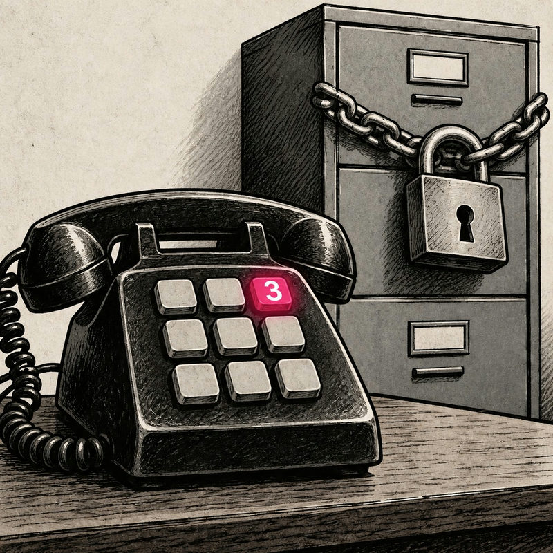 Democrawonk — A desk telephone has an illuminated pink 3 key beside a chained and padlocked filing cabinet.