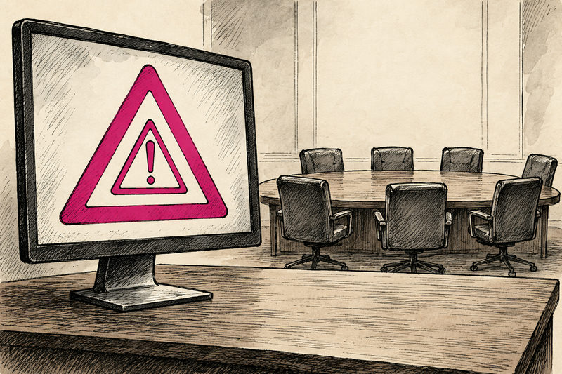 A computer displays nested warning triangles beside an empty conference table: an imagined portrait of a functioning notice and an absent quorum.
