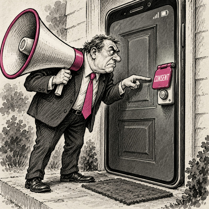 Editorial cartoon of a pushy campaigner with a megaphone facing a smartphone-shaped door and a pink Consent flap above its bell.