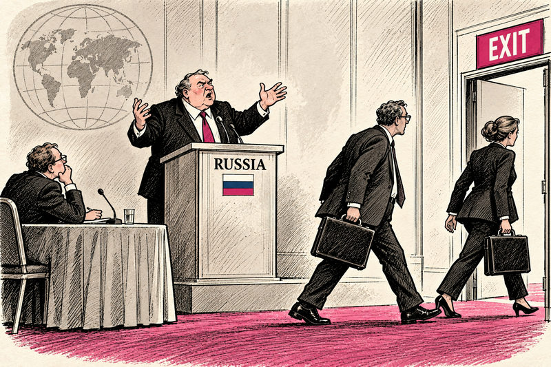 Imagined finance conference: two delegates carry briefcases toward EXIT while a Russian speaker addresses a room with one delegate still seated.