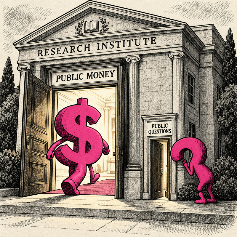 Democrawonk — A dollar-sign character fills a wide PUBLIC MONEY doorway at a research institute while a question mark peers into a much smaller PUBLIC QUESTIONS doorway.