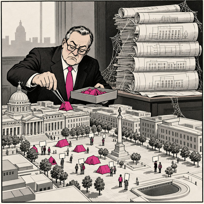 Democrawonk — An official clears tiny protest tents from a city model beside neglected housing blueprints.