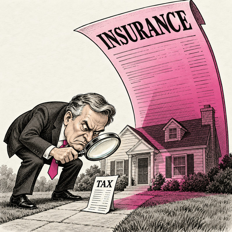 A politician scrutinizes a small TAX bill while an enormous pink INSURANCE bill looms over a house behind him.