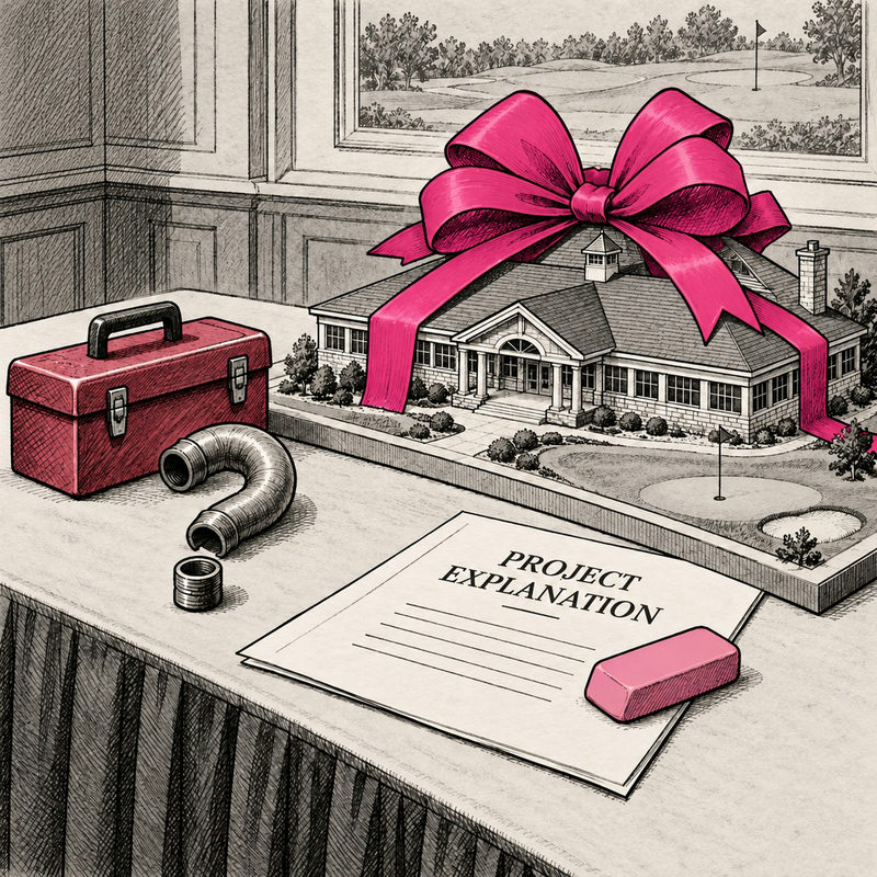 Democrawonk — A ribbon-wrapped clubhouse model sits beside a plumbing question mark and an erasable PROJECT EXPLANATION sheet.