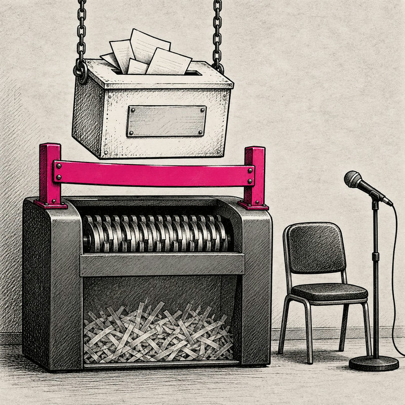 Democrawonk — A suggestion box hangs safely above a shredder blocked by a pink bar, beside an empty chair and microphone.