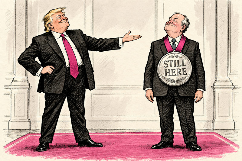 In a fictional award ceremony, Trump presents an anonymous male official wearing an oversized medal that reads Still Here.