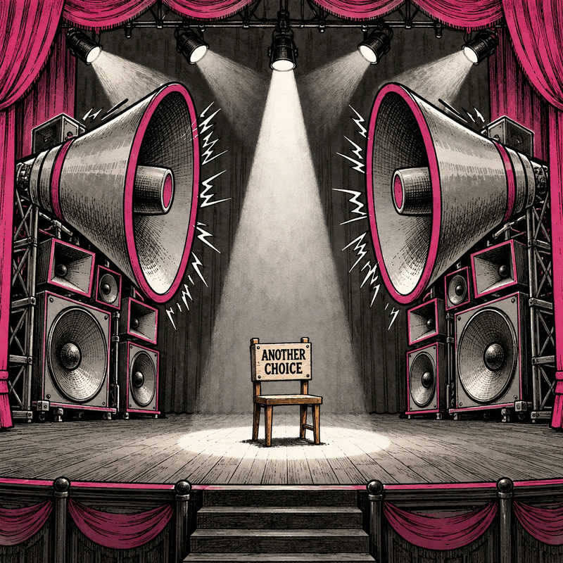 Democrawonk — A small chair labelled Another Choice sits in a spotlight between two enormous banks of campaign-style loudspeakers.
