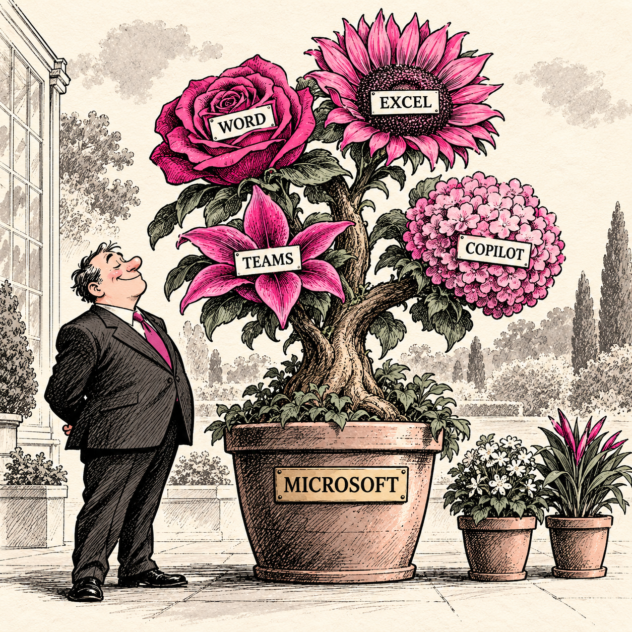 Four flowers labelled Word, Excel, Teams and Copilot share one trunk in a Microsoft pot, with two smaller separate plants beside it.