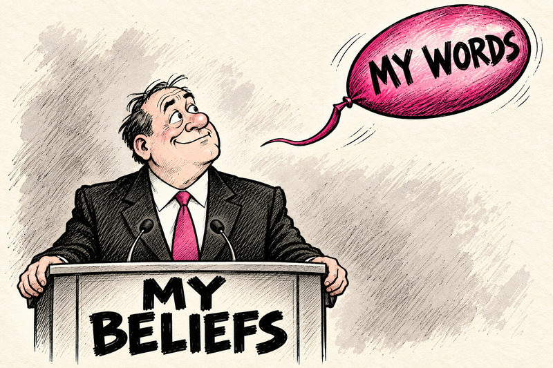 A fictional politician stands behind a lectern labeled MY BELIEFS as a detached magenta MY WORDS balloon floats away.