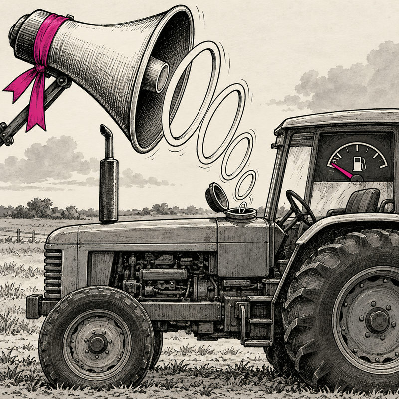 A giant campaign megaphone blows empty sound rings into a tractor's open fuel port; its gauge is nearly empty.