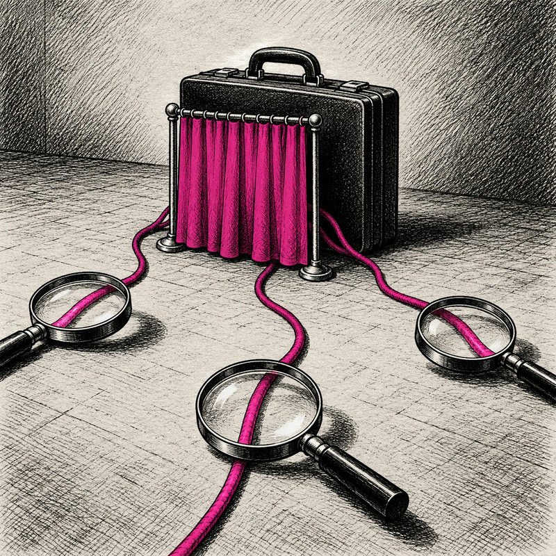 Democrawonk — A briefcase behind a tiny curtain trails three pink cords beneath magnifying glasses.