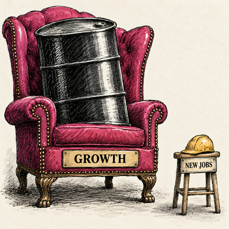An oil barrel occupies a huge pink chair marked GROWTH beside a tiny stool and hard hat marked NEW JOBS, in an ink editorial cartoon.