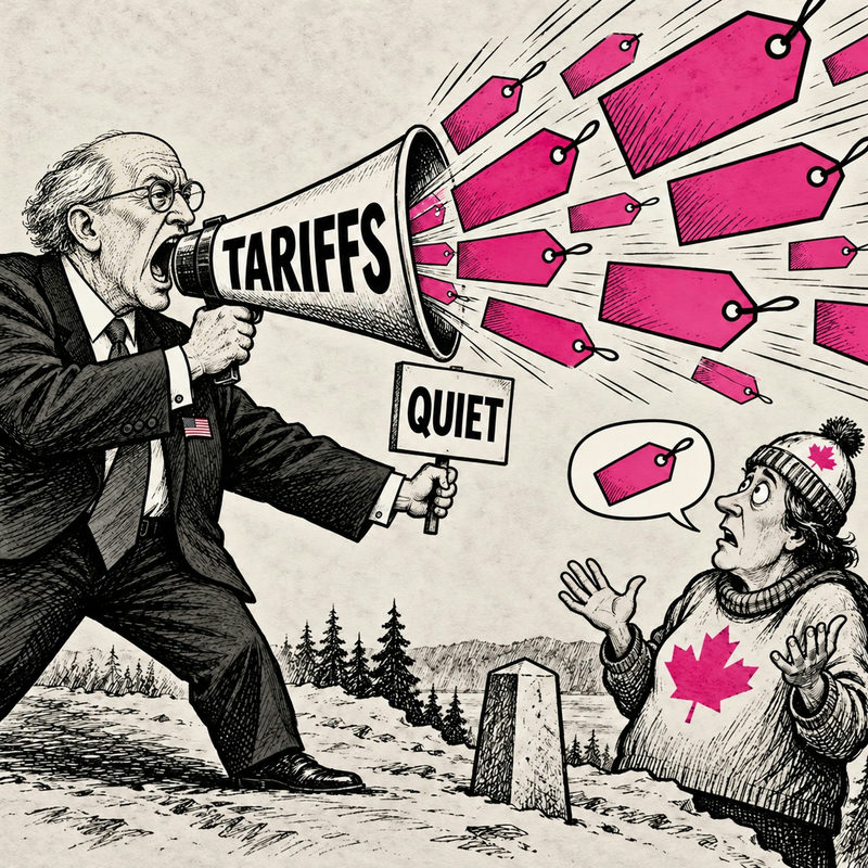 Democrawonk — A generic American official blasts pink price tags from a TARIFFS megaphone while holding a QUIET sign toward a Canadian questioning the cost.