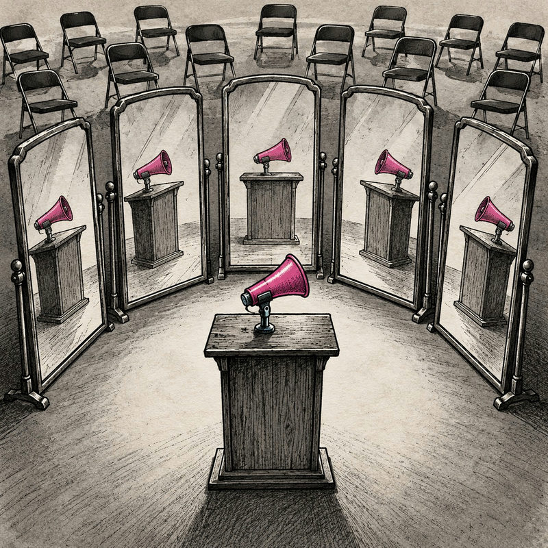 Democrawonk — A pink megaphone on a lectern faces a semicircle of mirrors, with empty folding chairs behind them.