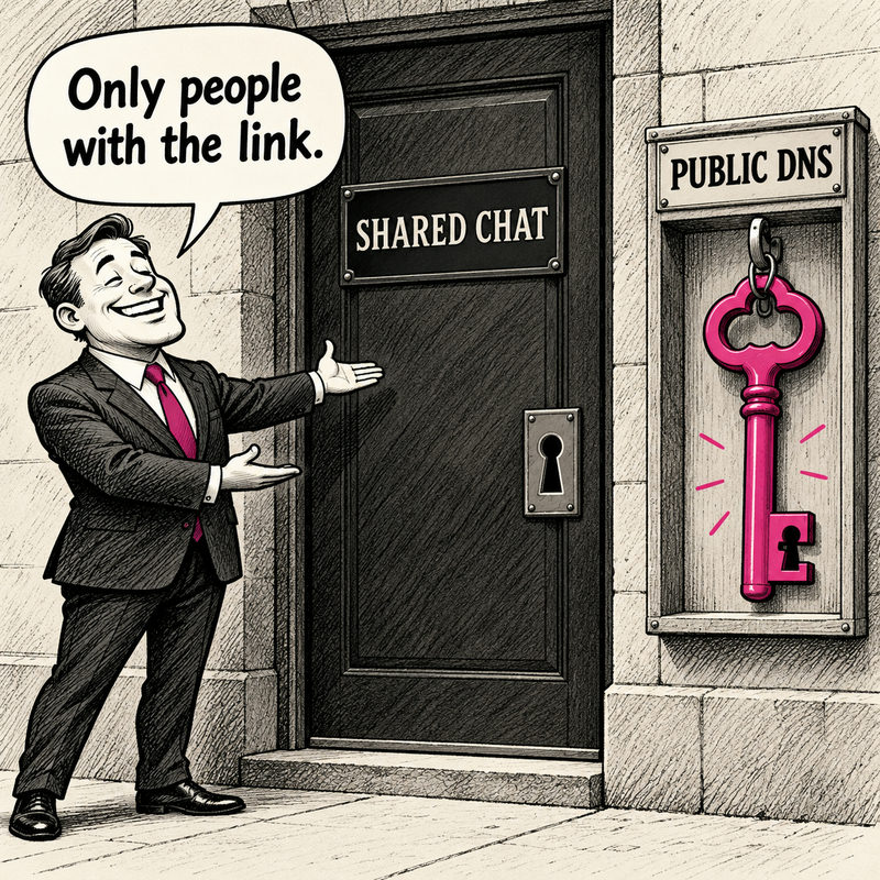 Democrawonk — A smiling cartoon executive presents a Shared Chat door while a large pink key hangs outside under Public DNS; he says Only people with the link.