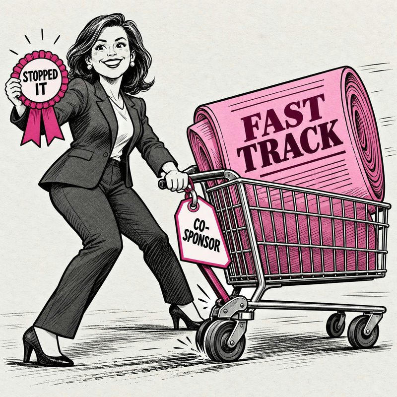 Democrawonk — A lawmaker displays a Stopped It ribbon while braking a fast-track bill trolley tagged Co-sponsor.